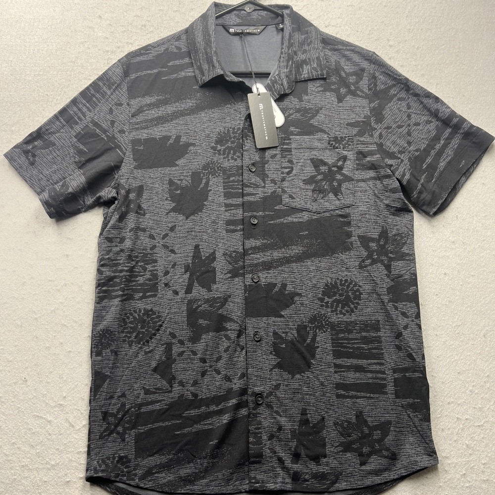 TravisMathew Button Up Shirt Small Black Gray Floral Golf Casual NWT